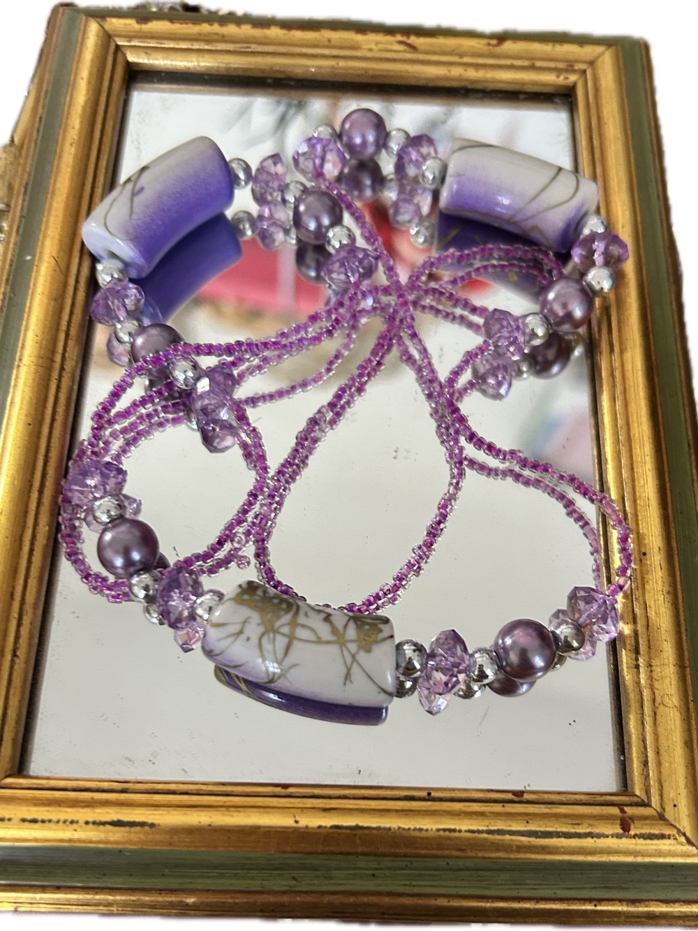 Purple and Silver Beaded Statement Necklace (ceramic?) accent beads 32” boho